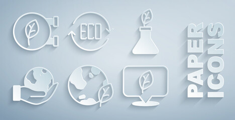 Set Earth globe and leaf, Plant breeding, Hand holding, Location with, Leaf Eco symbol and shop icon. Vector