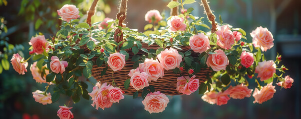 Close-up view of pink roses in a pot hanging in the garden.