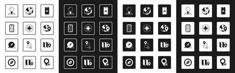 Set City map navigation, Wind rose, Folded with location marker, Location the globe, Satellites orbiting Earth, and Push pin icon. Vector