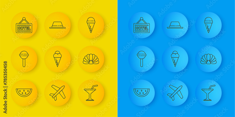 Wall mural set line watermelon, lollipop, ice cream in waffle cone, martini glass, scallop sea shell, signboard