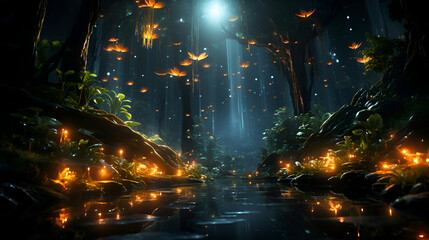 Fantasy dark forest with glowing neon lights. 3D Rendering