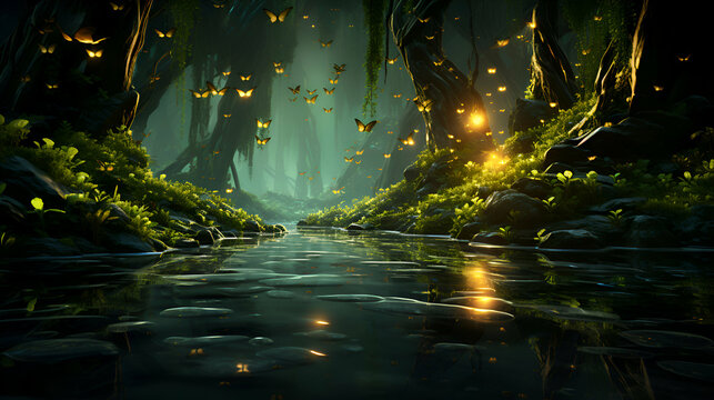 Fantasy dark forest with fog and light. 3d rendering.
