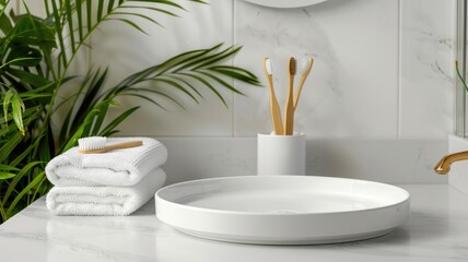 a white ceramic plate on a minimalist white table, accompanied by a bamboo toothbrush and towels, offering a modern aesthetic for product display presentations.