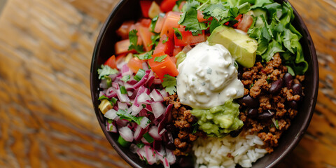 Mexican food concept. Juicy fresh burrito bowl served on wooden table in a cafe. Copy-space. Banner style. Flat lay view. Close up shot