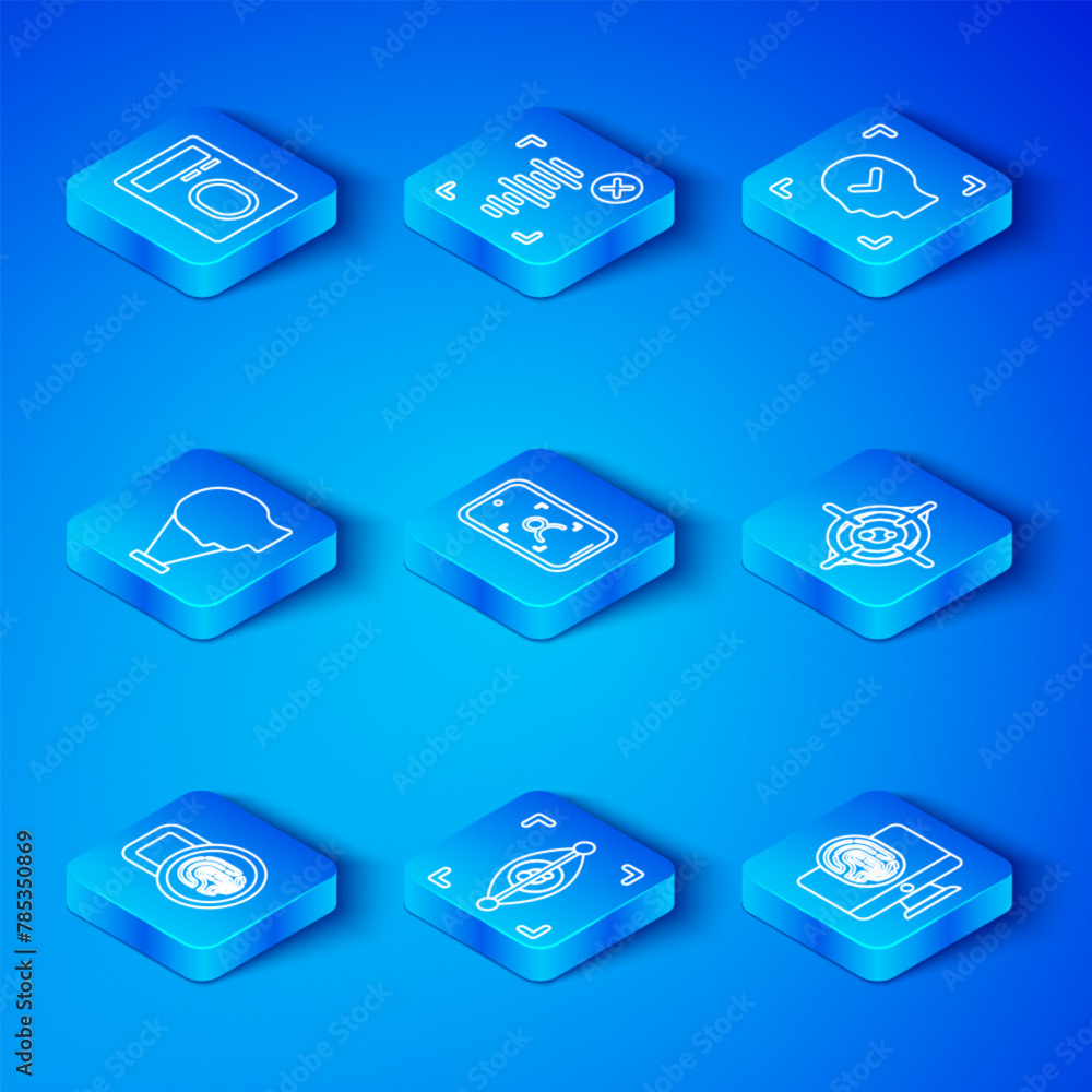 Poster set line fingerprint with lock, mobile and face recognition, eye scan, face, and monitor fingerprint