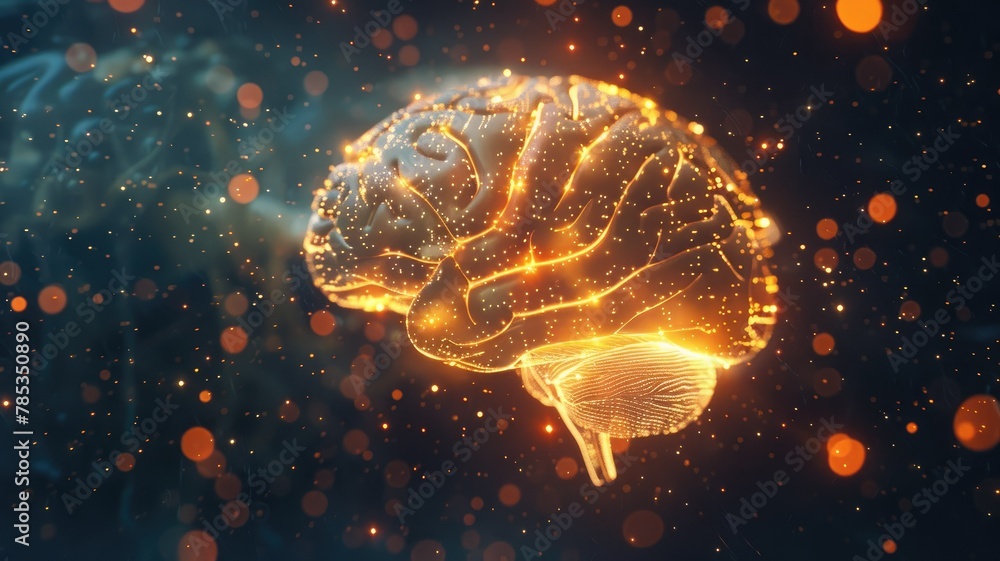 Poster animated brain with light particles in space - a digitally rendered animation of a brain made with l