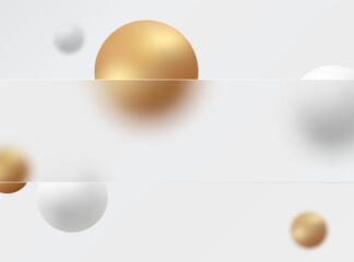 Glass morphism background. Glass banner made of transparent frosted glass with gold and white spheres on a light background.