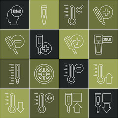 Set line Digital thermometer, Meteorology, Medical and icon. Vector