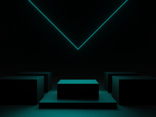 3D black background with blue neon lights. Scientific podium.