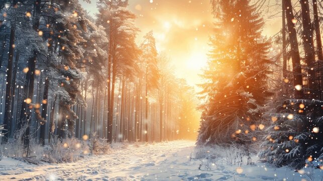 Snow falling in the air and sun shining through tall trees, Christmas time concept.
