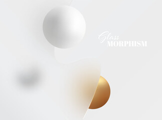 Glass morphism background. Wavy transparent partition with gold and white spheres on a light background.