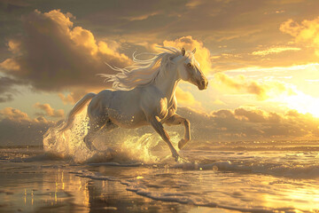 White horse galloping on beach at sunset