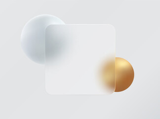 Glass morphism landing page with square frame. Illustration with blurry floating gold and white spheres.