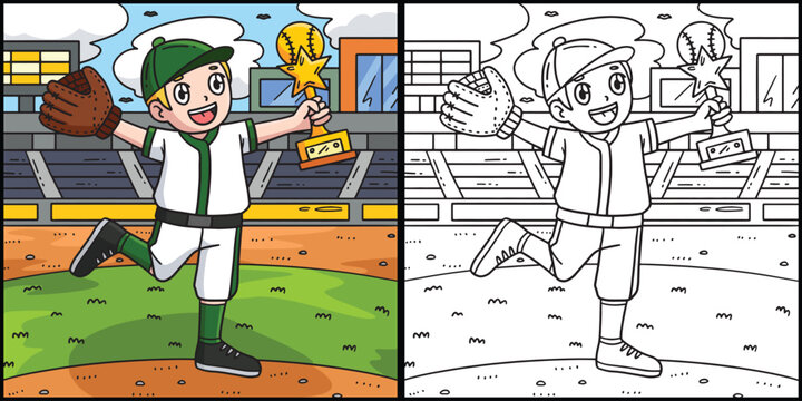 Boy with a Baseball Trophy Coloring Illustration