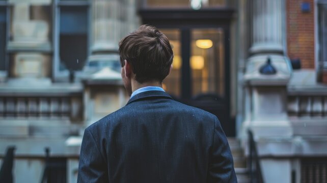 Man in suit viewed from behind - A professional man in a dark suit is standing, facing a building entrance The image captures a sense of determination and urban life
