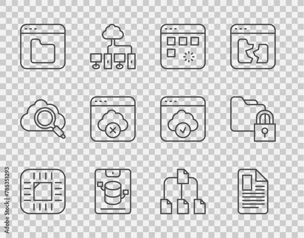Poster set line processor with cpu, file document, loading data window, server, data, web hosting, browser 