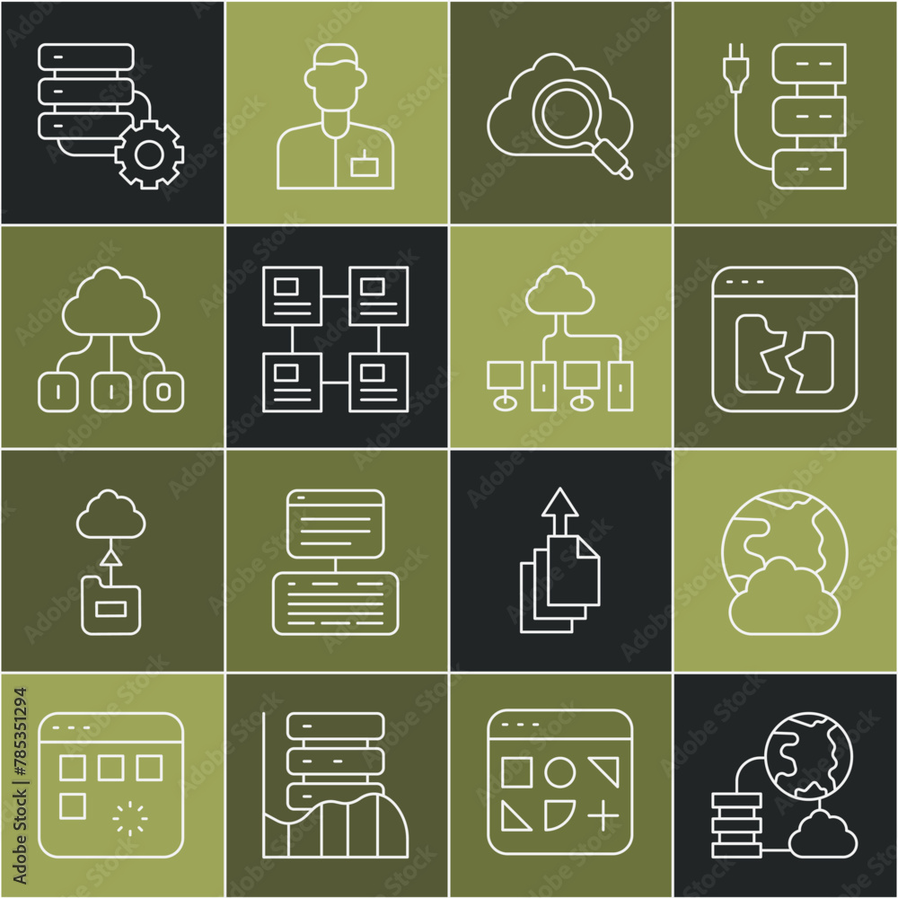 Poster set line network cloud connection, social network, broken file, search computing, hierarchy organogr