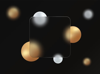 3D creative glass morphism background. Transparent glass banner with gold and white geometric spheres on a black background.