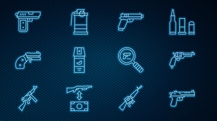 Set line Desert eagle gun, Revolver, Pistol or, Pepper spray, Small revolver, search and Hand smoke grenade icon. Vector