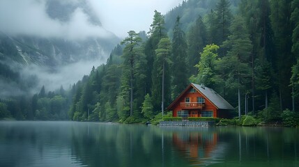 Tranquil Lakeside Retreat Amidst Misty Pines. Concept Nature Photoshoot, Misty Forest, Serene Reflections, Lakeside Cabin, Pine Tree Scenery