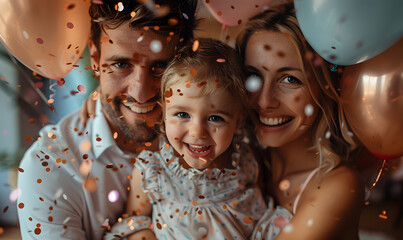 A family of three, a man, a woman and a child, are posing for a picture with confetti falling around them. The scene is joyful and celebratory