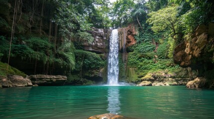 A majestic waterfall cascading into a tranquil pool in a lush forest
