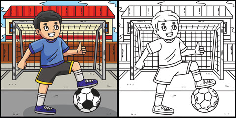 Boy with a Foot on a Soccer Ball Illustration