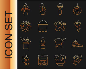 Set line Tropical leaves, Broken pot, Flower, Shovel, Pot with soil, Plant in hanging and Butterfly icon. Vector