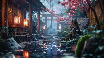 Japanese garden with cherry blossoms - Traditional Japanese garden portraying a peaceful ambience with cherry blossoms, reflecting pond, and lanterns at dusk - obrazy, fototapety, plakaty