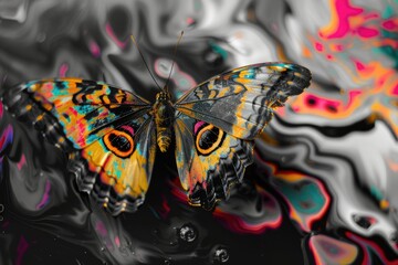 Psychedelic butterfly on colorful background - Vivid butterfly with psychedelic colors over a swirling, abstract patterned background