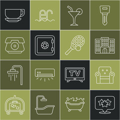 Set line Stars rating, Armchair, Hotel building, Cocktail, Safe, Telephone handset, Coffee cup and Tennis racket with ball icon. Vector