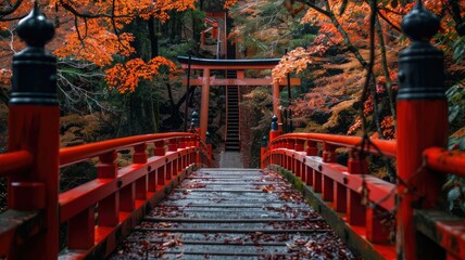 Traditional Japanese bridge during autumn - Vibrant autumn leaves frame a historic red bridge in a serene Japanese garden, inviting exploration