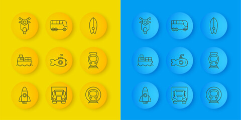 Set line Rocket ship, Cargo with boxes delivery, Submarine, Train and railway, Tram, Scooter, Surfboard and Bus icon. Vector