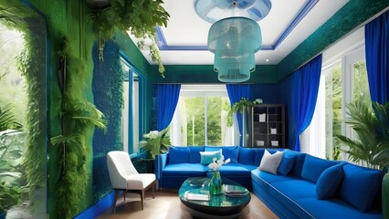 Luxurious Living Room with Blue Velvet Sofas, White Chair, Green Walls, and Nature-Inspired Decor.
