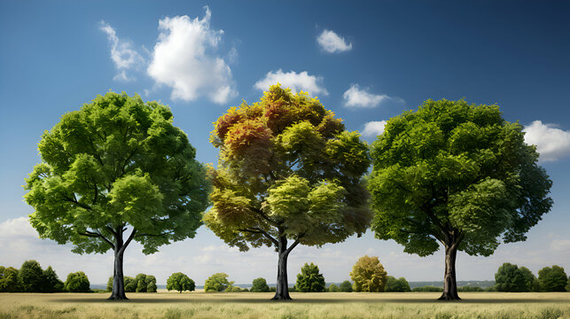 Three trees in the field and blue sky with clouds. 3d render