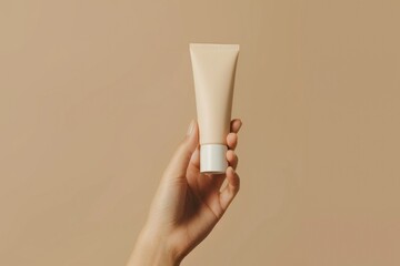 Close up hand of a woman holding a mock beauty tube in a cream color, isolated on a beige background.