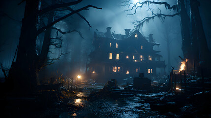 Scary halloween haunted house in a spooky dark forest. Horror Halloween concept - obrazy, fototapety, plakaty