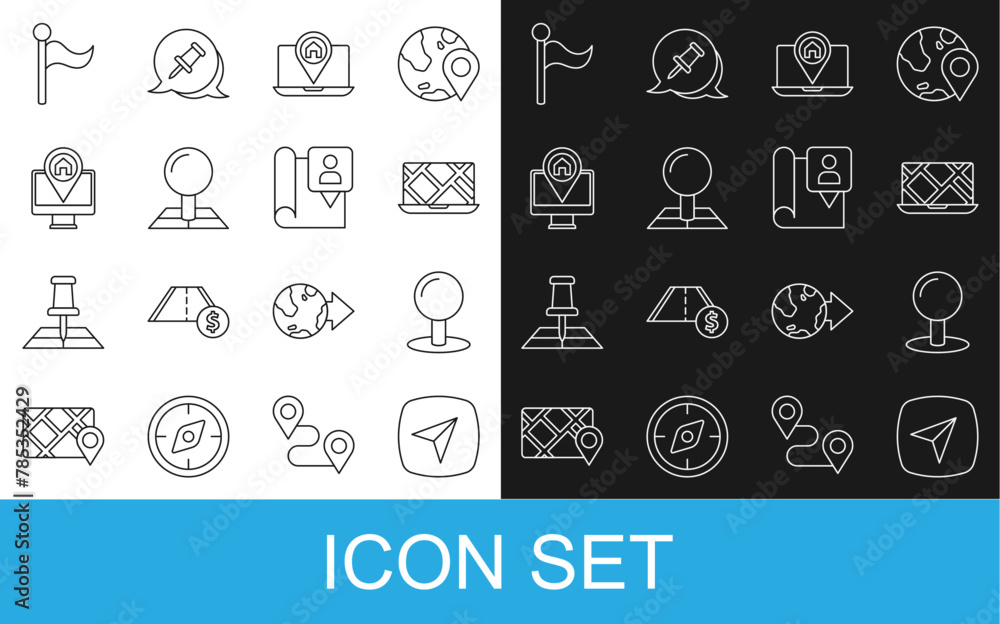 Poster set line city map navigation, push pin, folded with location marker, monitor, flag and icon. vector