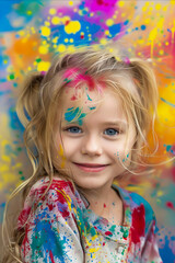 A little girl with colorful paint on her face.