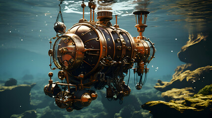 Underwater world. Futuristic spaceship in deep space. 3D rendering
