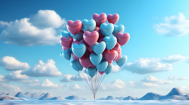 Heart shaped balloons on blue sky background. Valentine's day concept. 3D Rendering
