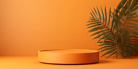 Orange background with shadows of palm leaves on an orange wall, an empty table top for product presentation. A mockup banner