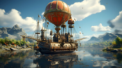 Obraz premium 3d Illustration of a Fantasy Landscape with Hot Air Balloon