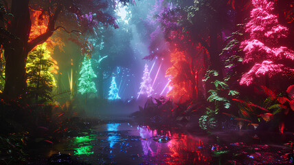 Deep in a forest of unique psychedelic trees. neon rainbow light
