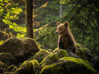 Baby brown bear in the forest