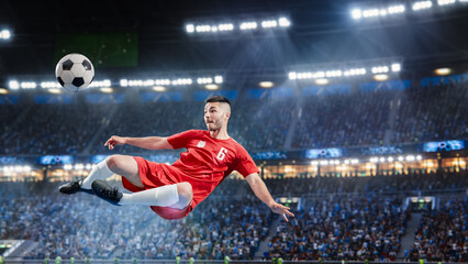 Aesthetic Shot Of Athletic Caucasian Soccer Football Player Doing Beautiful Overhead Kick On Stadium With Crowd Cheering. International Championship Final Match on Big Arena Full Of Loyal Fans.