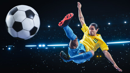Aesthetic Shot Of Athletic Hispanic Soccer Football Player Doing An Overhead Kick on Black...