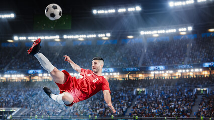 Fototapeta na wymiar Aesthetic Shot Of Athletic Caucasian Soccer Football Player Doing Beautiful Overhead Kick On Stadium With Crowd Cheering. International Championship Final Match on Arena Full Of Excited Fans.