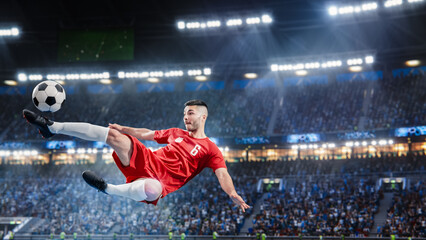 Aesthetic Shot Of Athletic Caucasian Soccer Football Player Doing Beautiful Overhead Kick On Stadium With Crowd Cheering. International Championship Final Match on Arena Full Of Loyal Fans.