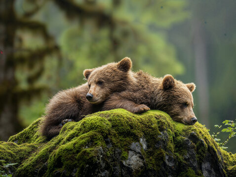 Baby brown bear in the forest